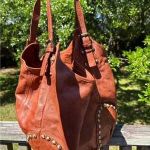 Free People Leather Hobo Bag in Burnt Orange with Stud Accents